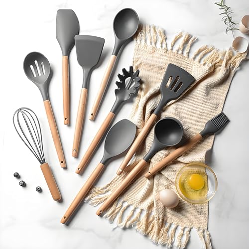 Whitecloud TRANSFORMING HOMES® 12pcs Non-Sticky Silicon Spatula Set with Wooden Handle Heat resistive & Non-Toxic BPA-Free Spoon's for Cooking (S12 Grey) - Image 2