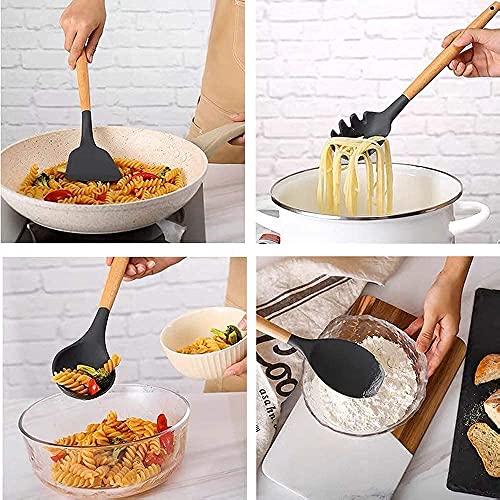 Whitecloud TRANSFORMING HOMES® 12pcs Non-Sticky Silicon Spatula Set with Wooden Handle Heat resistive & Non-Toxic BPA-Free Spoon's for Cooking (S12 Grey) - Image 5