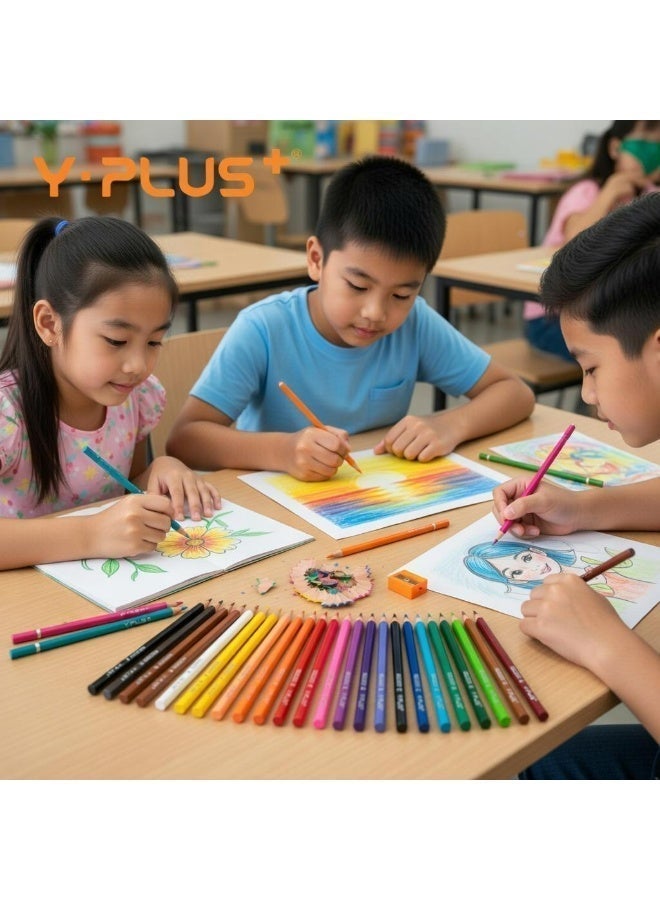 واي بلس طقم أقلام تلوين خشبية رينبو من واي بلس Y-Plus - عبوة 24 لوناً زاهياً مع مبراة - تصميم مثلث مريح للرسم والتلوين - Image 4