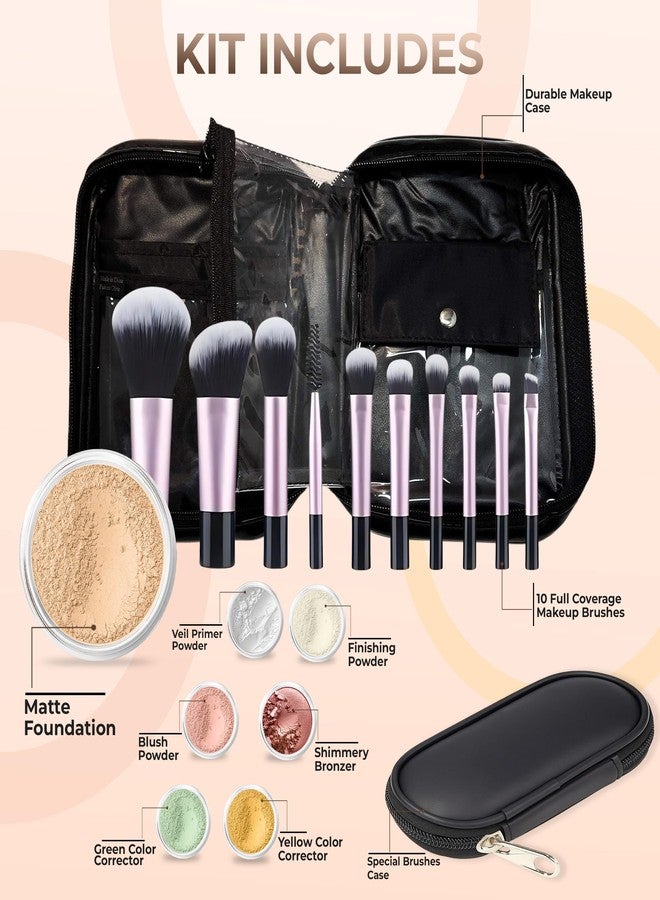 Sweet Face Minerals Mineral Makeup Starter Kit with Brushes & Zip Case - Full Size Foundation with Sample Size Veil Primer, Blush, Bronzer, Finishing Powder, Green & Yellow Correctors - 19-Piece Set (WARM) - Image 2