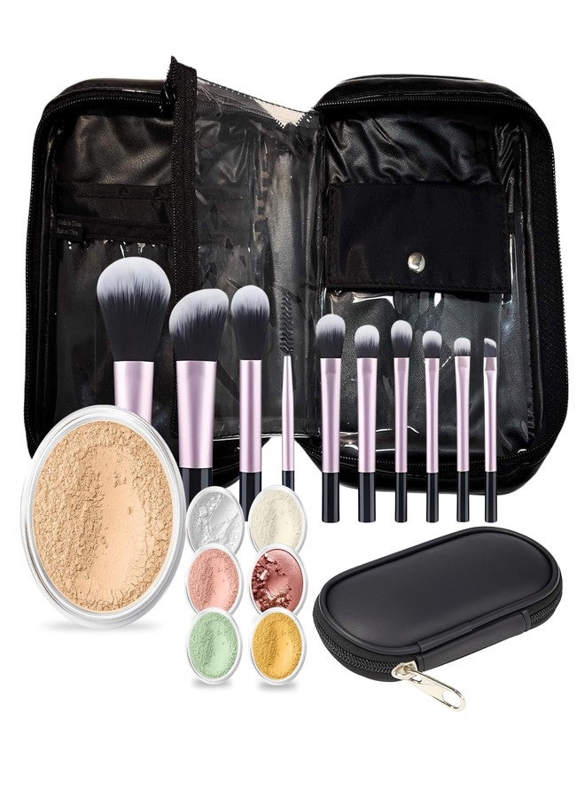 Sweet Face Minerals Mineral Makeup Starter Kit with Brushes & Zip Case - Full Size Foundation with Sample Size Veil Primer, Blush, Bronzer, Finishing Powder, Green & Yellow Correctors - 19-Piece Set (WARM) - Image 1