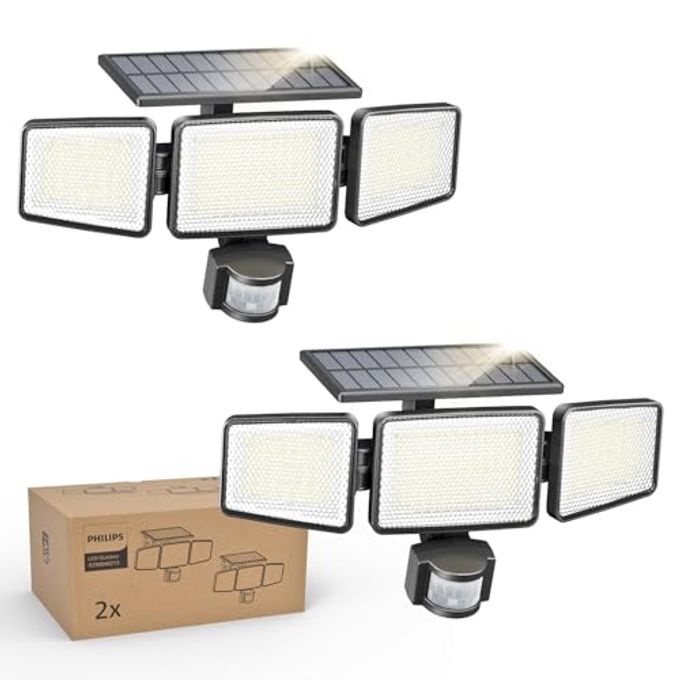 Philips Solar Security Light Outdoor 302 LED 1200lmSolarPowered Waterproof WallMounted Flood Light wPIR Motion Sensor 3 Heads IP65 Waterproof 3 Modes 2 Packs