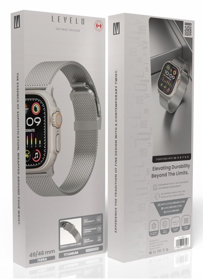 LEVELO - Ferra Milanese Apple Watch 49/46mm Strap with Hypoallergenic Material / Anti-Oxidation Technology / Adjustable Length / 24/7 Wearability / Water Resistance / Durable Stainless Steel - Titanium - Image 1