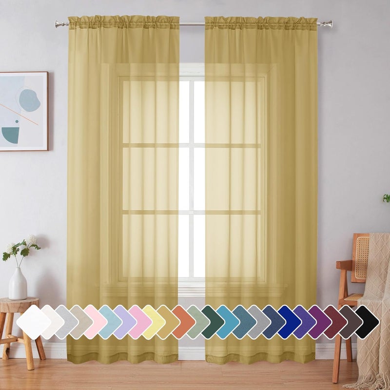 SimpleBrand Gold Sheer Curtains 84 Inches Long 2 Panels, Light Filtering Rod Pocket Solid Color Window Sheer Curtain Panels, Elegant Curtains & Drapes for Living Room, Bedroom (Gold, 42" W x 84" L) - Image 1