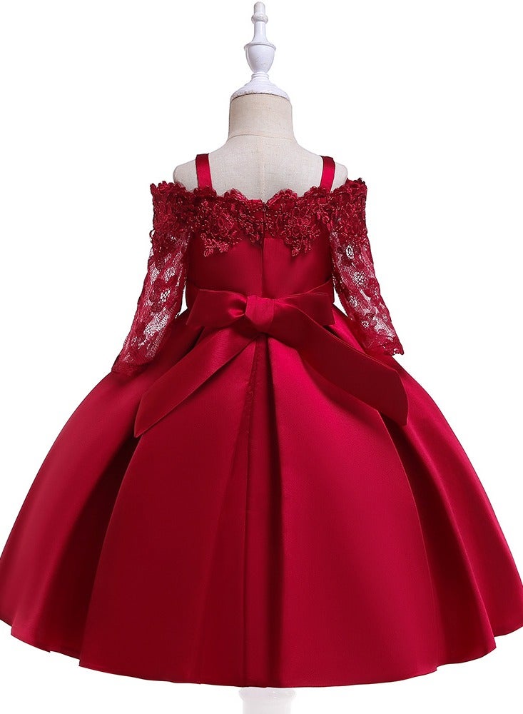 Best Gift Fashion Kids Clothing Satin Elegant Lace Girls Dresses for Children Princess Party Costumes Burgundy Color - Image 3
