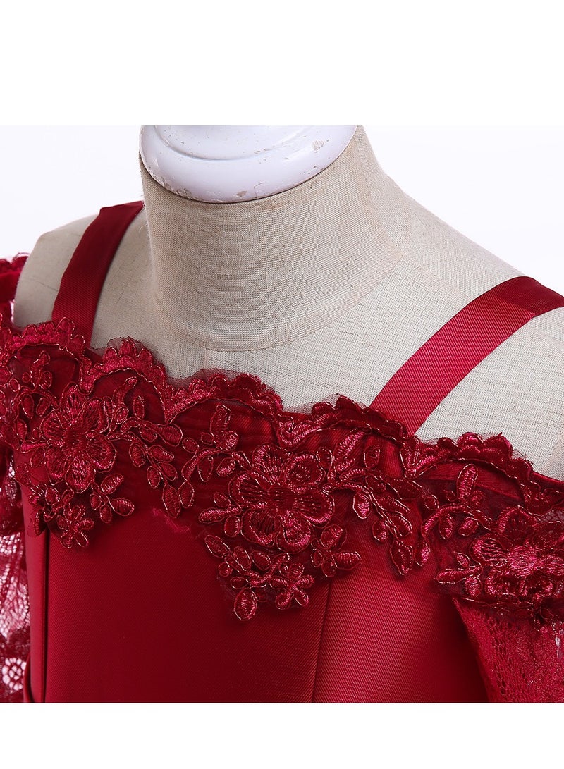 Best Gift Fashion Kids Clothing Satin Elegant Lace Girls Dresses for Children Princess Party Costumes Burgundy Color - Image 4