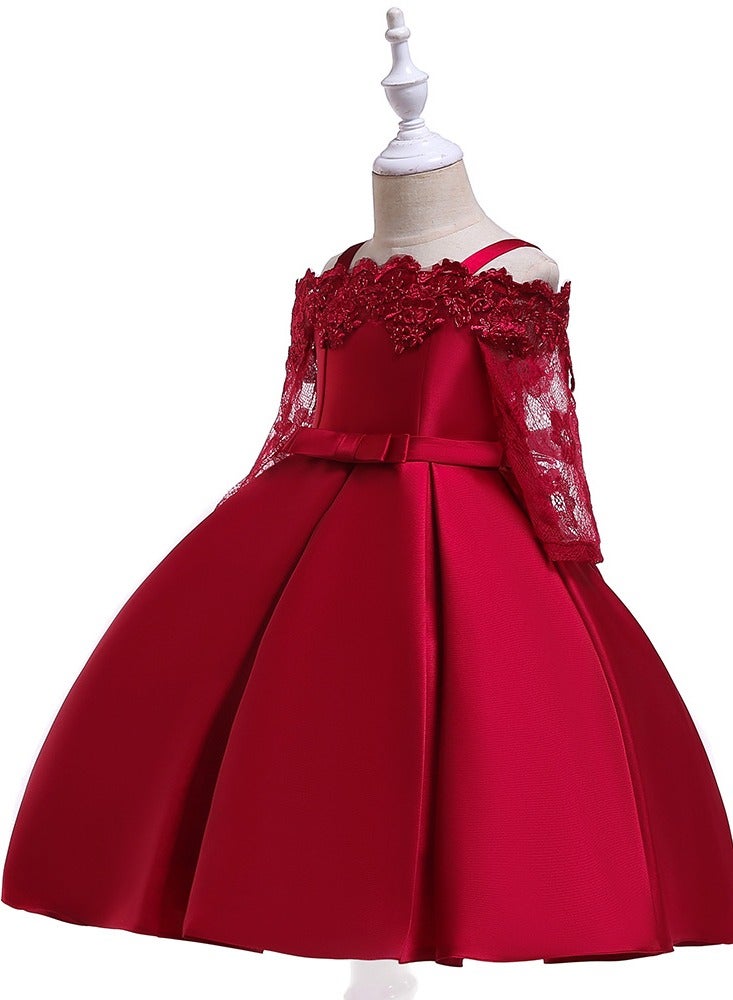 Best Gift Fashion Kids Clothing Satin Elegant Lace Girls Dresses for Children Princess Party Costumes Burgundy Color - Image 2
