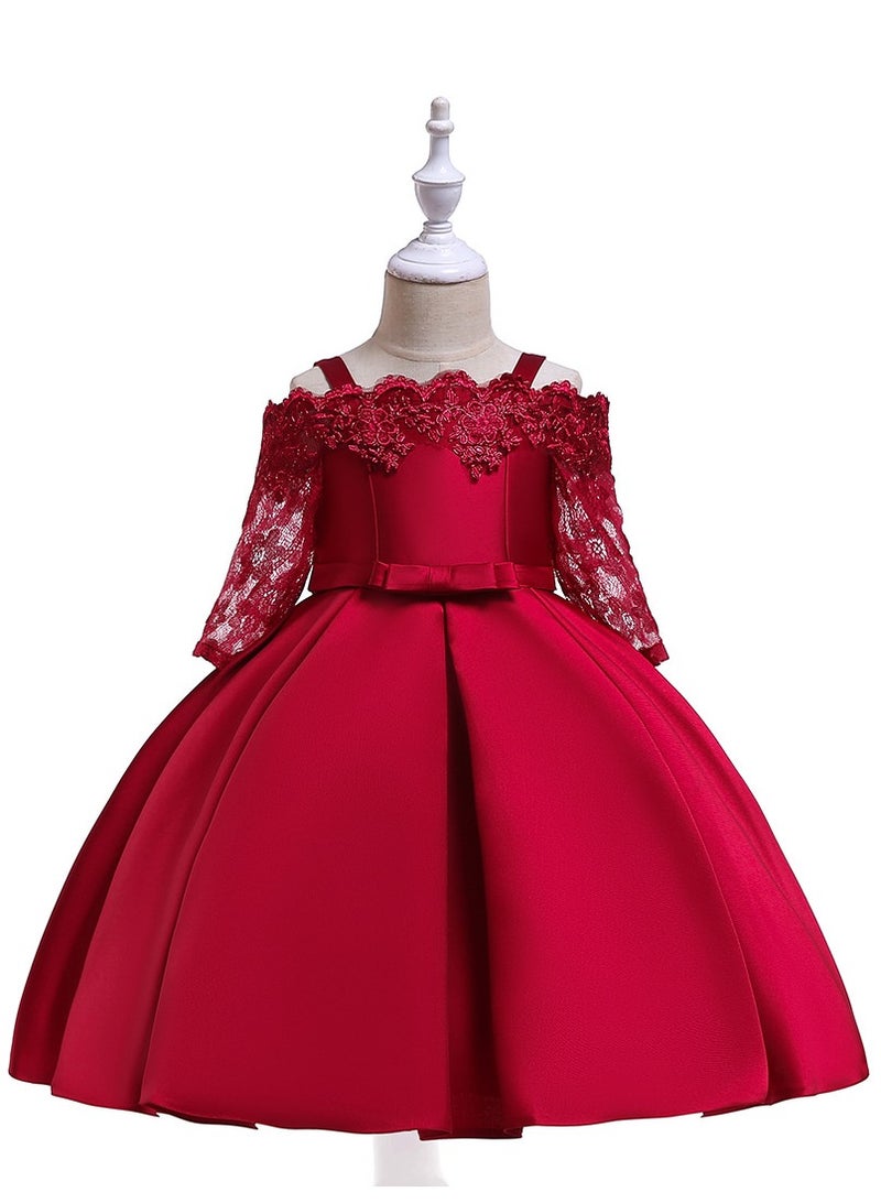 Best Gift Fashion Kids Clothing Satin Elegant Lace Girls Dresses for Children Princess Party Costumes Burgundy Color - Image 1