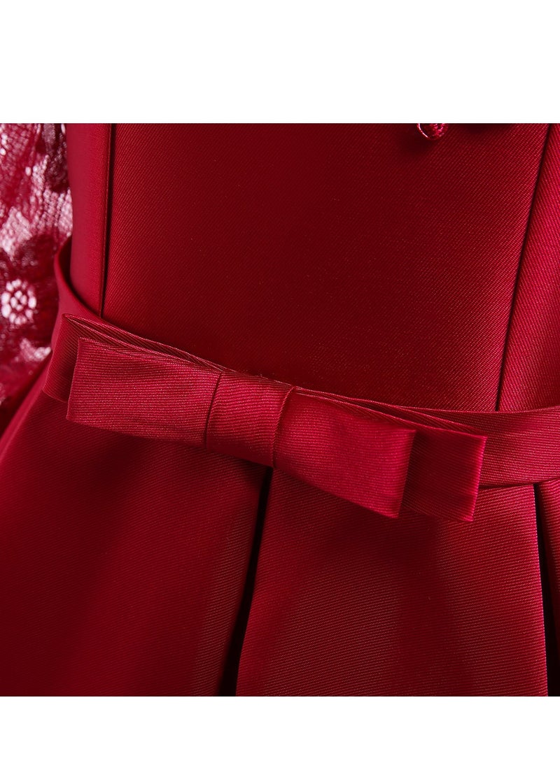 Best Gift Fashion Kids Clothing Satin Elegant Lace Girls Dresses for Children Princess Party Costumes Burgundy Color - Image 5