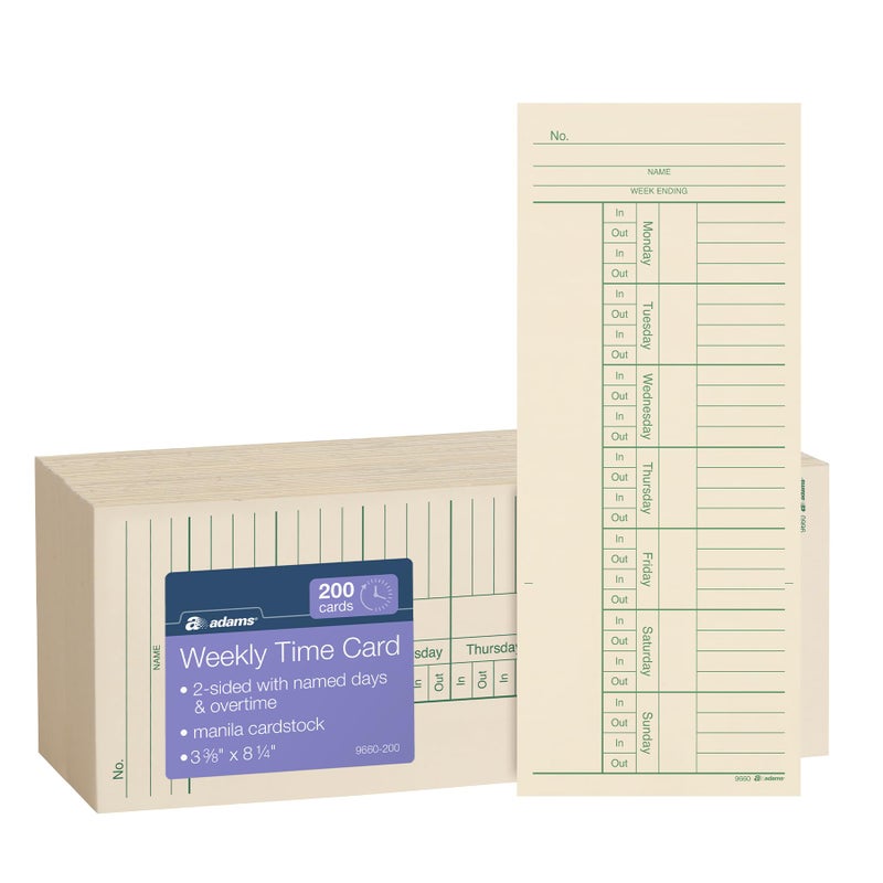 Adams Time Cards, Weekly, 2-Sided, Overtime Format, 3-3/8" x 8-1/4", Manila, Green/Red Print, 200-Count (9660-200) - Image 1