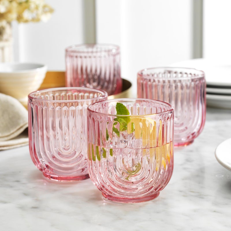 Glaver's Vintage Glassware Art Deco Glasse Ribbed Drinking Glasses U-Shape Arch Design Colored Cocktail Kitchen Tumblers Everyday Dinner Decorative Party (Pink S/4 11oz) - Image 2