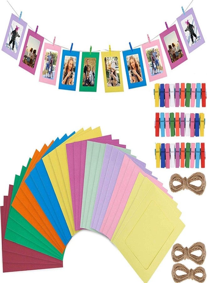 Prescent Multicolor Paper Photo Frame Kraft Paper Picture Frames DIY Cardboard Photo Frames with Wood Clips and Jute Twine (Multicolor - 30 pcs) - Image 1