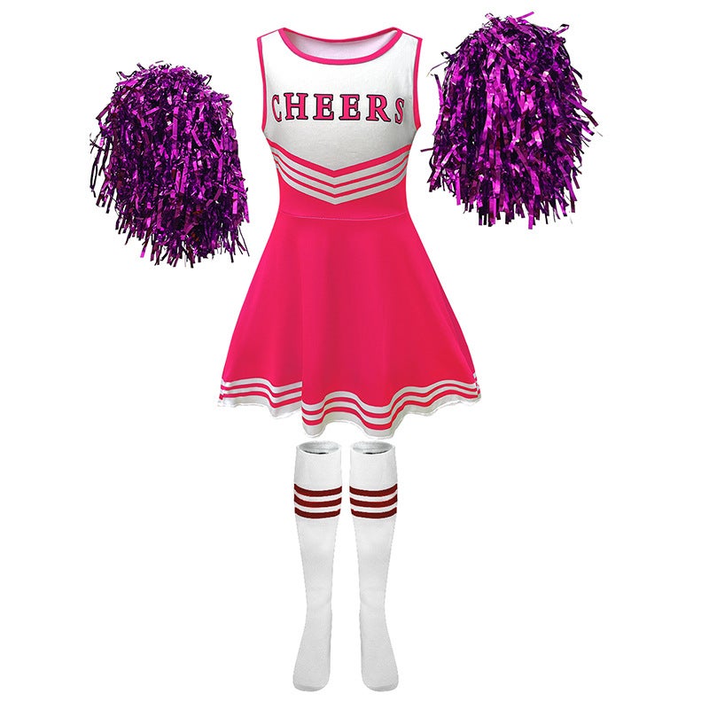 Foreign trade European and American childrens cheerleading uniform five-color CHEERS sleeveless football baby cheerleading pantyhose suit in stock Pink (skirt + socks + cheerleading)
