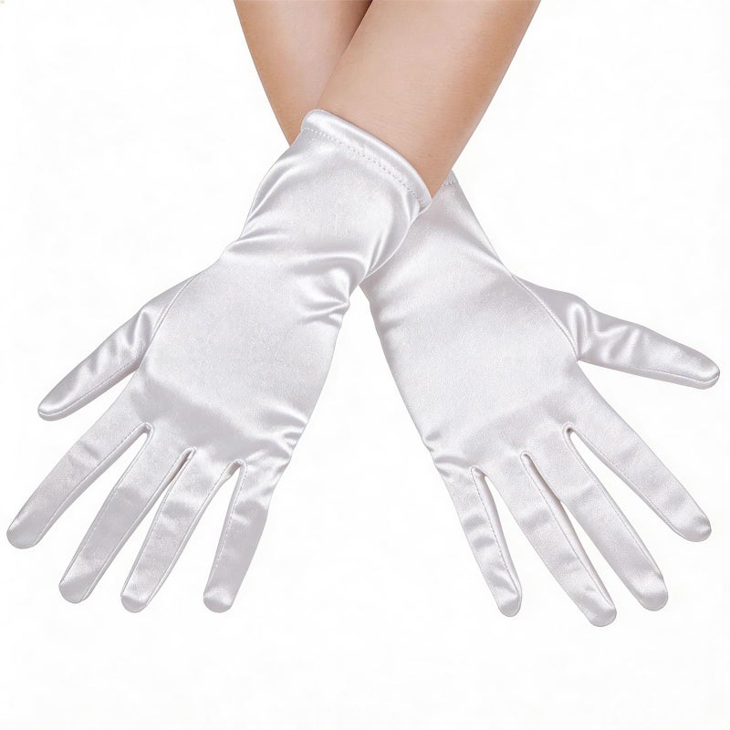 Lansian Womens White Gloves Short Satin Stretchy Gloves Wrist Length Dancing Bridal Gown for 1920s Wedding Opera Party Adult Size - Image 1