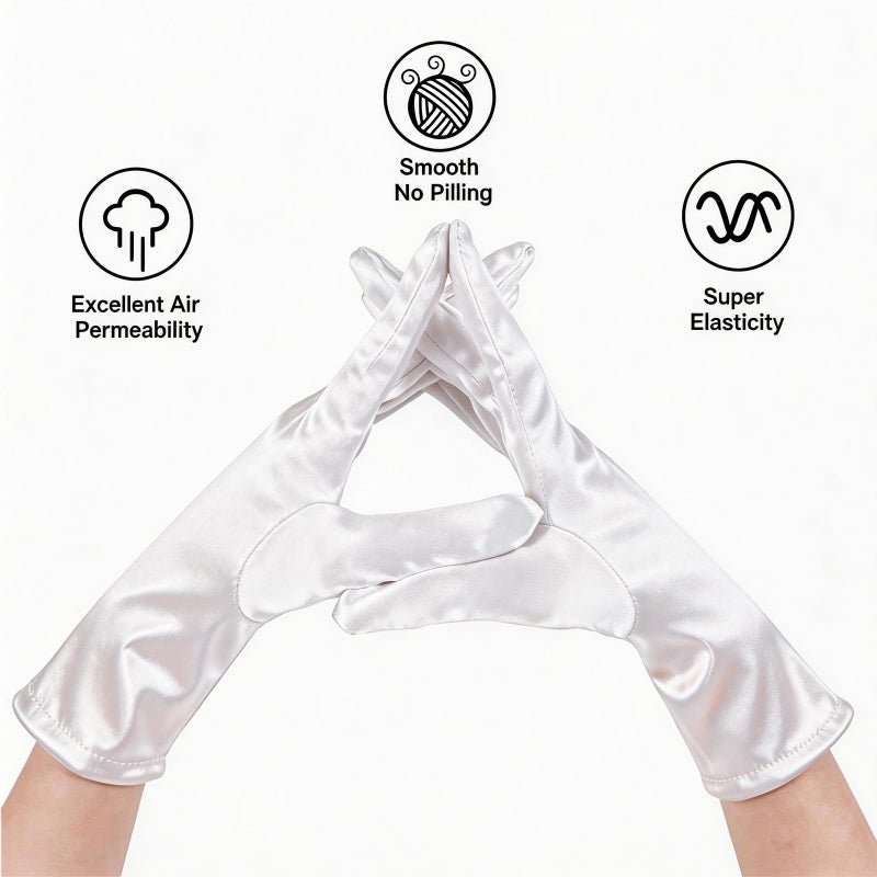 Lansian Womens White Gloves Short Satin Stretchy Gloves Wrist Length Dancing Bridal Gown for 1920s Wedding Opera Party Adult Size - Image 2