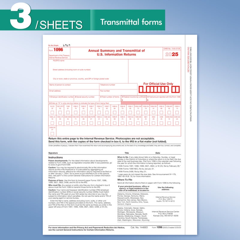 Yeplan 1099 Misc Forms 2025 with Envelopes, 25 2025 1099 Misc Tax Forms, 4 Part, with 25 Self Seal Envelopes with 3 1096 Included - Image 5