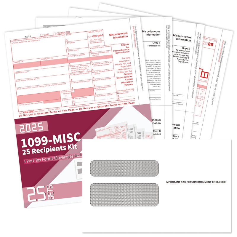 Yeplan 1099 Misc Forms 2025 with Envelopes, 25 2025 1099 Misc Tax Forms, 4 Part, with 25 Self Seal Envelopes with 3 1096 Included - Image 1