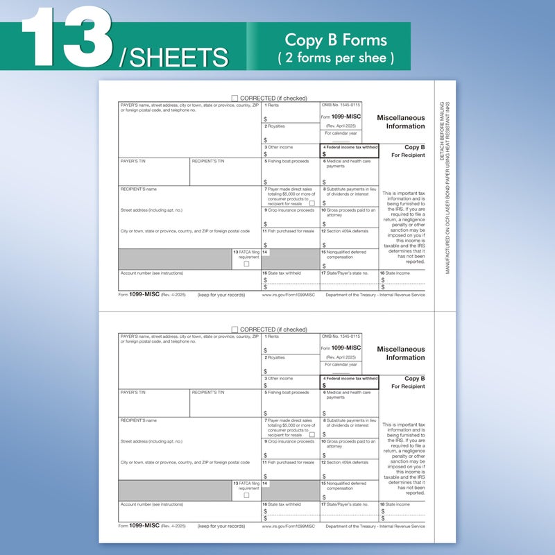Yeplan 1099 Misc Forms 2025 with Envelopes, 25 2025 1099 Misc Tax Forms, 4 Part, with 25 Self Seal Envelopes with 3 1096 Included - Image 3