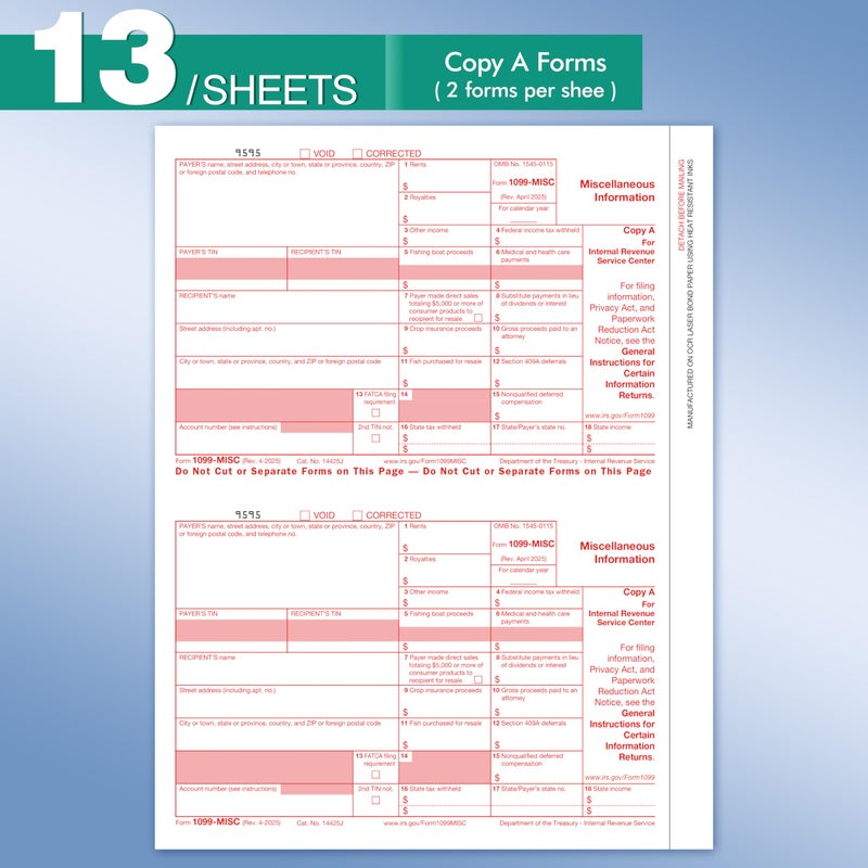 Yeplan 1099 Misc Forms 2025 with Envelopes, 25 2025 1099 Misc Tax Forms, 4 Part, with 25 Self Seal Envelopes with 3 1096 Included - Image 2