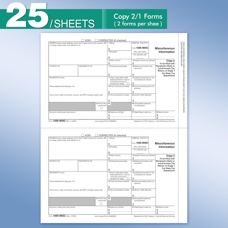 Yeplan 1099 Misc Forms 2025 with Envelopes, 25 2025 1099 Misc Tax Forms, 4 Part, with 25 Self Seal Envelopes with 3 1096 Included - Image 4