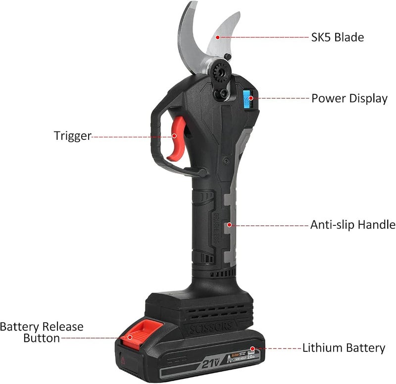 Eacam Electric Pruning Shears Cordless Pruning Shears Battery Powered Tree Branch Pruner Rechargeable Lithium Battery 21V 40mm Brushless Motor LCD Display for Garden Orchard Farm (UK Plug & 1) - Image 2