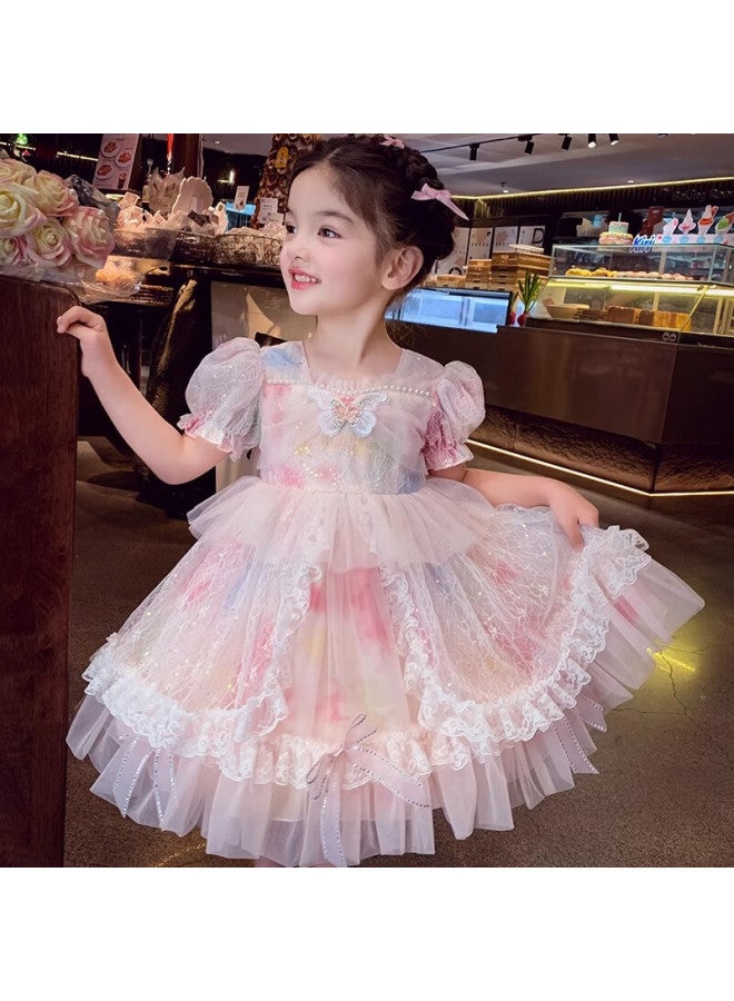 Anneyol Annieyouer Girls' Princess Dress, Summer Wear, Stylish Children's Lolita Tulle Dress, Girls' Puff Sleeve Dress, Pink, 130 - Image 2