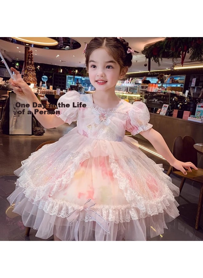 Anneyol Annieyouer Girls' Princess Dress, Summer Wear, Stylish Children's Lolita Tulle Dress, Girls' Puff Sleeve Dress, Pink, 130 - Image 1