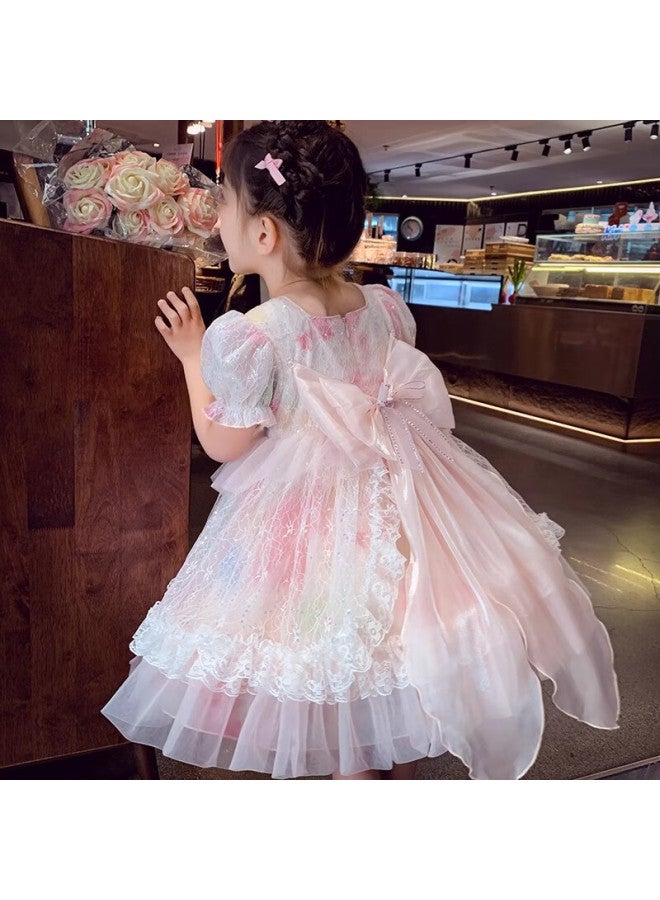 Anneyol Annieyouer Girls' Princess Dress, Summer Wear, Stylish Children's Lolita Tulle Dress, Girls' Puff Sleeve Dress, Pink, 130 - Image 4
