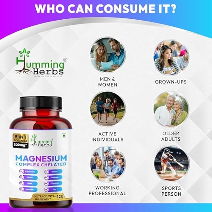 Humming Herbs Magnesium Complex Chelated Supplement 500mg – 8-in-1 Blend with Magnesium Bisglycinate, Citrate, Zinc & L-Theanine – Supports Calm & Relaxation, Muscle Function - 120 Vegan Capsules - Image 4
