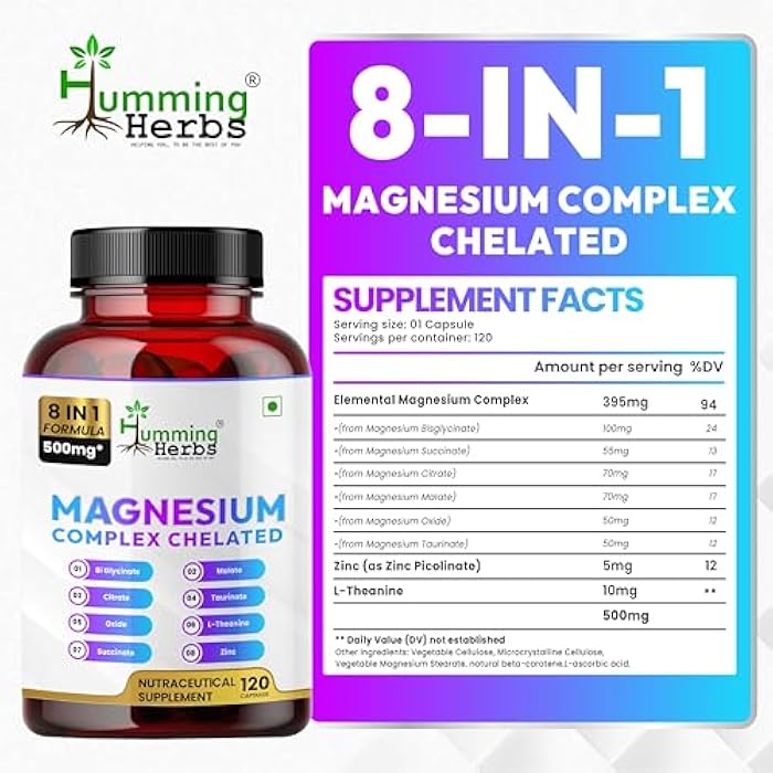 Humming Herbs Magnesium Complex Chelated Supplement 500mg – 8-in-1 Blend with Magnesium Bisglycinate, Citrate, Zinc & L-Theanine – Supports Calm & Relaxation, Muscle Function - 120 Vegan Capsules - Image 2