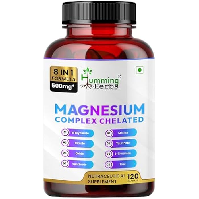 Humming Herbs Magnesium Complex Chelated Supplement 500mg – 8-in-1 Blend with Magnesium Bisglycinate, Citrate, Zinc & L-Theanine – Supports Calm & Relaxation, Muscle Function - 120 Vegan Capsules - Image 1