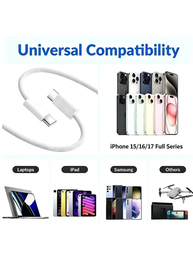 USB-C to USB-C Cable 60W, 1M Braided Fast Charging Cable, 2-Pack for iPhone 16/17, Samsung, iPad, MacBook - Orange/White - Image 2
