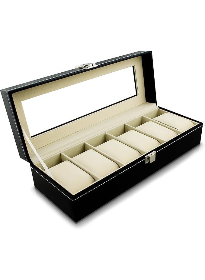 Luxury Watch Organizer - Elegant Leather Case with Clear Lid to Protect and Display Your Watches in a Classy and Functional Style - Stylish Leather Design to Professionally Store and Organize 6 Watches, Perfect for High-End Gifts - Black - 294 - Image 5