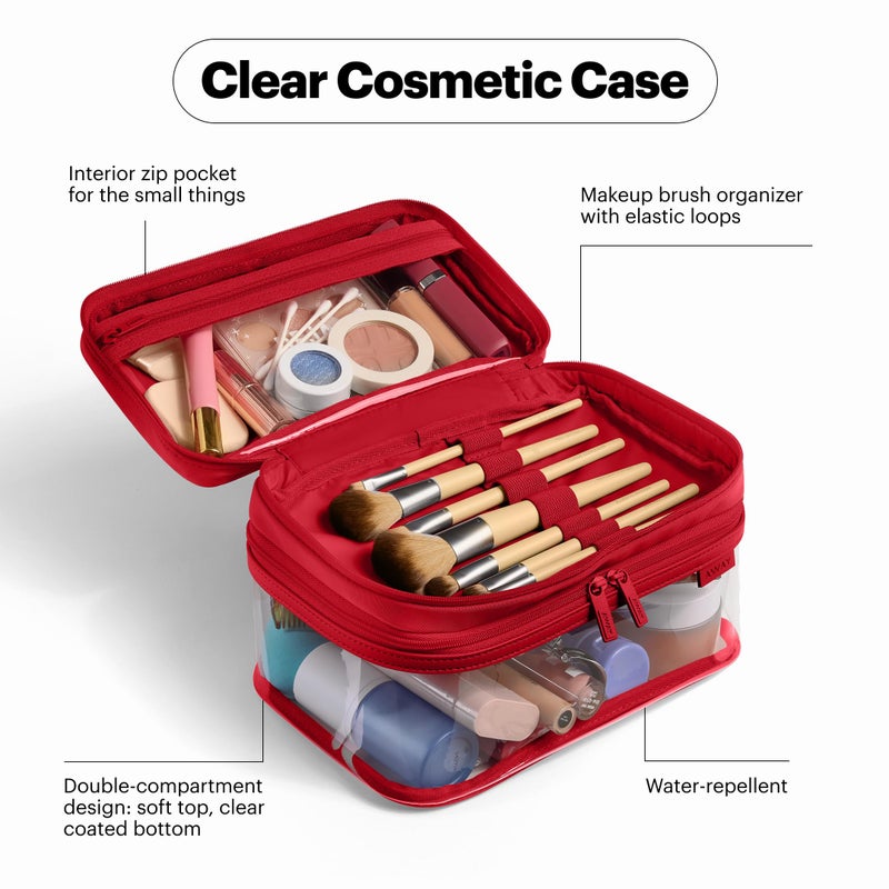 Away Clear Cosmetic Case for Travel, TSA Approved Double Compartment Makeup & Cosmetic Organizer with Leather Handle, Transparent Carry-On Pouch for Toiletries, Brushes & Essentials, Cherry Red - Image 4