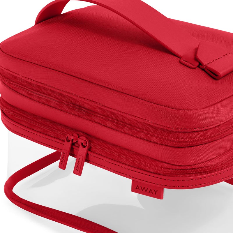 Away Clear Cosmetic Case for Travel, TSA Approved Double Compartment Makeup & Cosmetic Organizer with Leather Handle, Transparent Carry-On Pouch for Toiletries, Brushes & Essentials, Cherry Red - Image 3