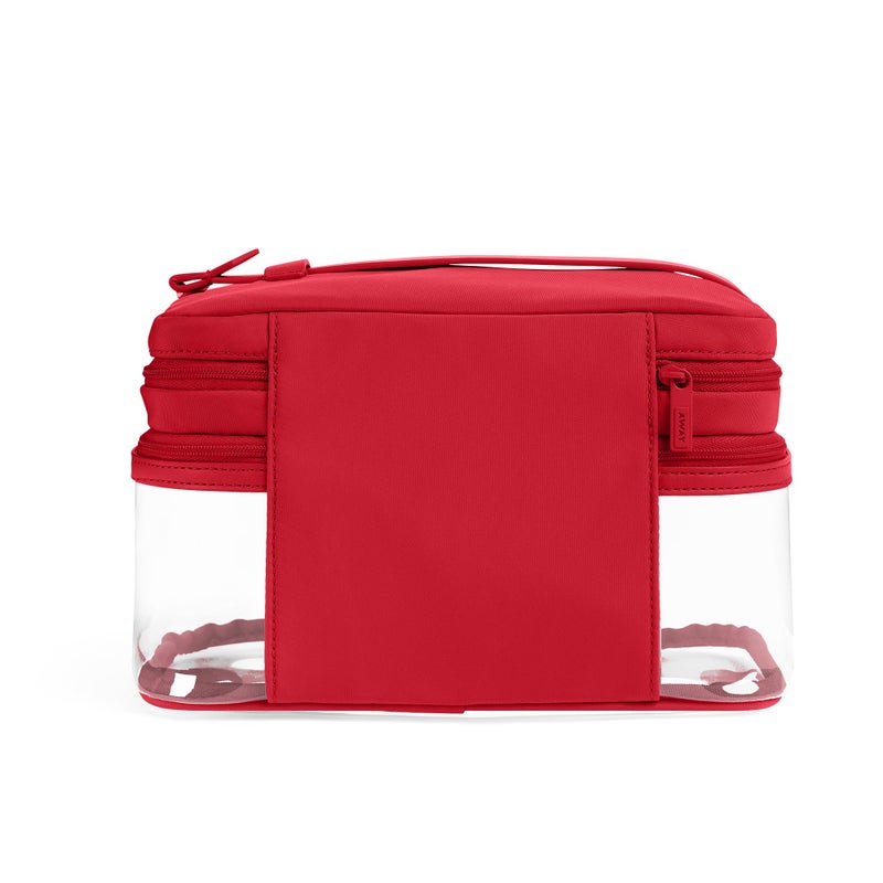 Away Clear Cosmetic Case for Travel, TSA Approved Double Compartment Makeup & Cosmetic Organizer with Leather Handle, Transparent Carry-On Pouch for Toiletries, Brushes & Essentials, Cherry Red - Image 2
