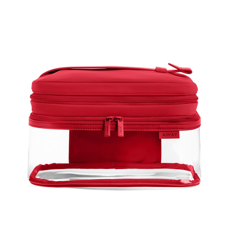Away Clear Cosmetic Case for Travel, TSA Approved Double Compartment Makeup & Cosmetic Organizer with Leather Handle, Transparent Carry-On Pouch for Toiletries, Brushes & Essentials, Cherry Red - Image 1