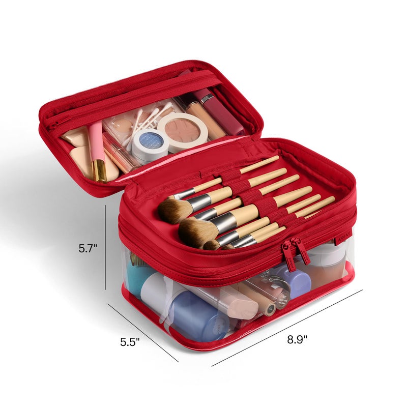 Away Clear Cosmetic Case for Travel, TSA Approved Double Compartment Makeup & Cosmetic Organizer with Leather Handle, Transparent Carry-On Pouch for Toiletries, Brushes & Essentials, Cherry Red - Image 5