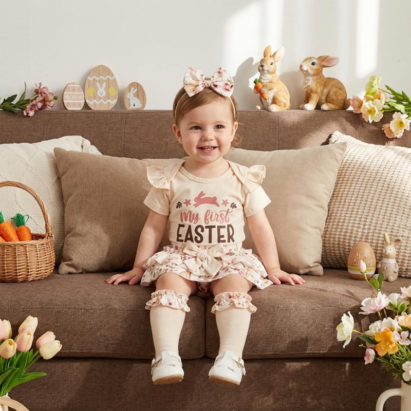 JLKGICF Baby Girl Easter Outfit Bunny Clothes Romper+Bloomers Tutu Skirt+Socks+Headband Set Newborn Baby Girl Clothes (Apricot, 6-9 Months) - Image 2