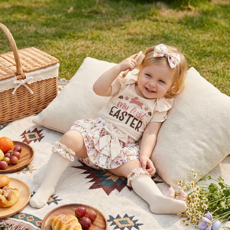 JLKGICF Baby Girl Easter Outfit Bunny Clothes Romper+Bloomers Tutu Skirt+Socks+Headband Set Newborn Baby Girl Clothes (Apricot, 6-9 Months) - Image 3
