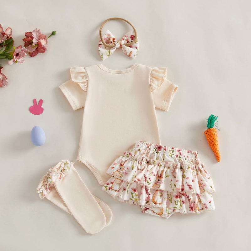 JLKGICF Baby Girl Easter Outfit Bunny Clothes Romper+Bloomers Tutu Skirt+Socks+Headband Set Newborn Baby Girl Clothes (Apricot, 6-9 Months) - Image 4