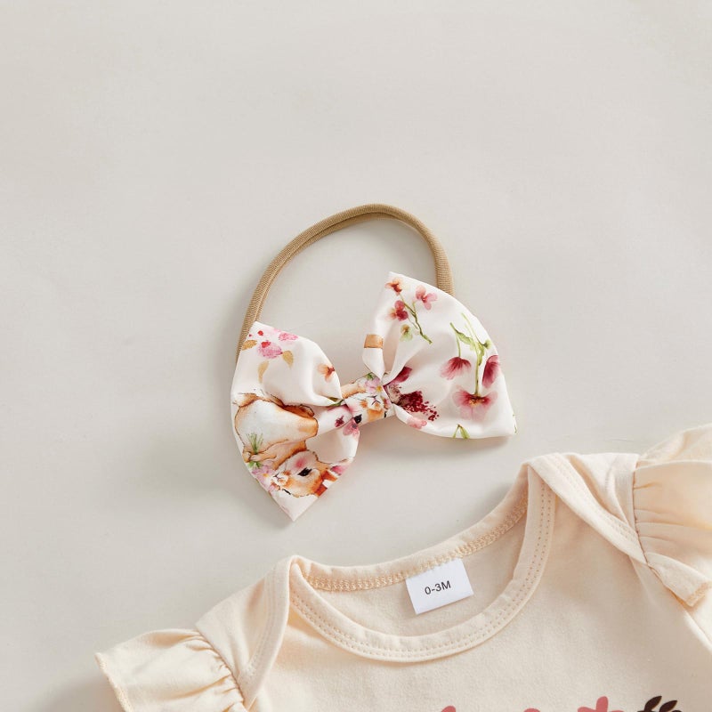 JLKGICF Baby Girl Easter Outfit Bunny Clothes Romper+Bloomers Tutu Skirt+Socks+Headband Set Newborn Baby Girl Clothes (Apricot, 6-9 Months) - Image 5
