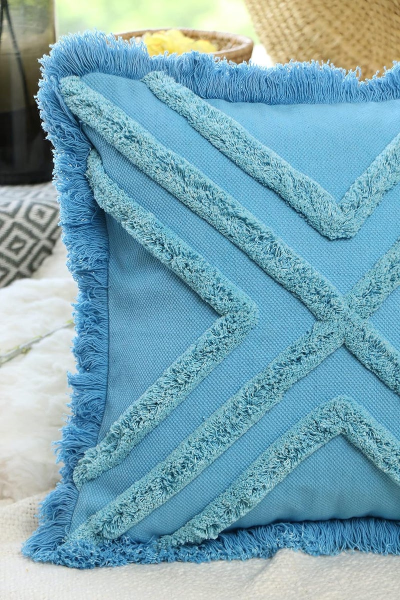 IMPEXART PVT LTD 20x20 Inches Cotton Blue Boho Shaggy Square Geometric Desgin Cushion Cover for Decor Couch Sofa Bedroom Living Room Farmhouse Indoor Outdoor - Image 2