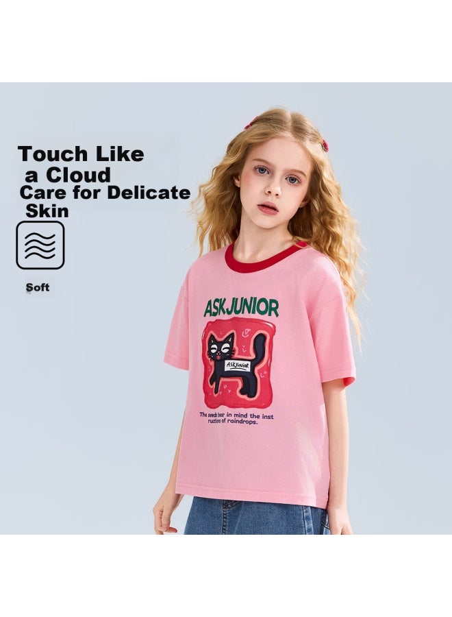 Ask Junior Kids Short Sleeve T-Shirt Summer Breathable Girls' Shoulder-Exposed Cute Printed Half Sleeve Tee Pink 150 - Image 4