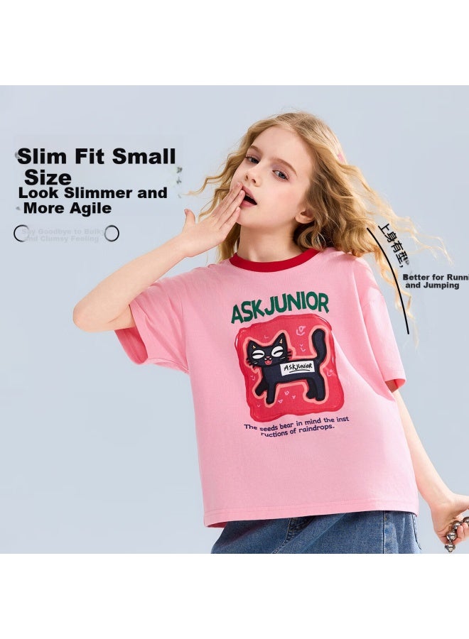 Ask Junior Kids Short Sleeve T-Shirt Summer Breathable Girls' Shoulder-Exposed Cute Printed Half Sleeve Tee Pink 150 - Image 1