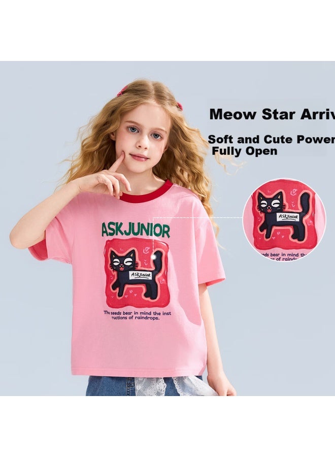 Ask Junior Kids Short Sleeve T-Shirt Summer Breathable Girls' Shoulder-Exposed Cute Printed Half Sleeve Tee Pink 150 - Image 2