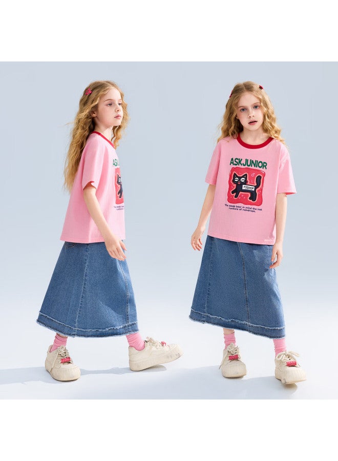 Ask Junior Kids Short Sleeve T-Shirt Summer Breathable Girls' Shoulder-Exposed Cute Printed Half Sleeve Tee Pink 150 - Image 5