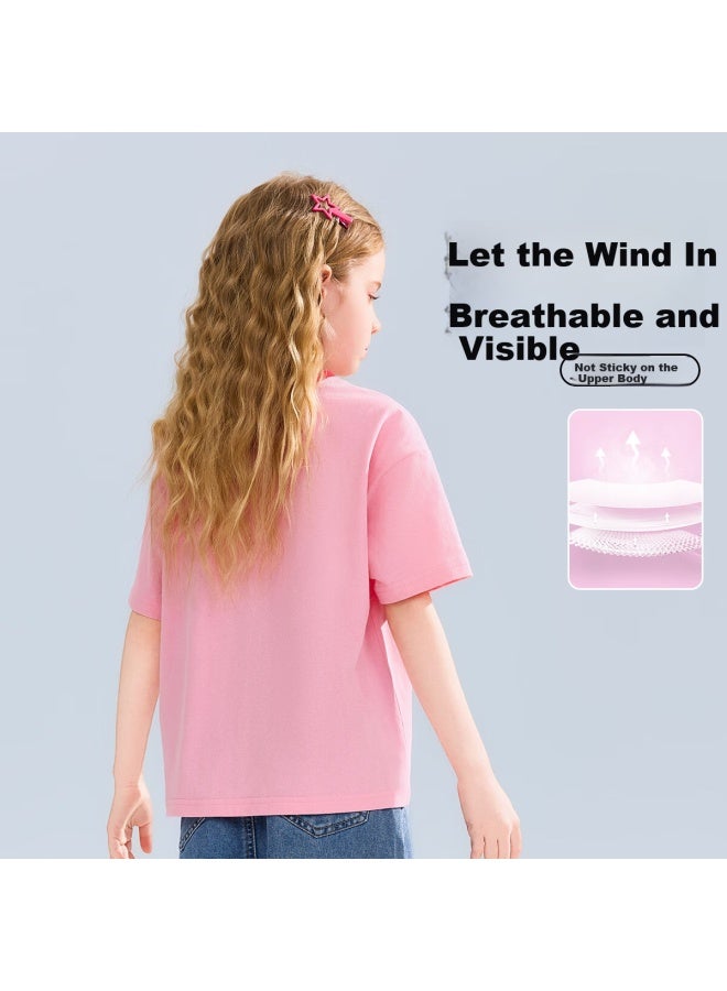 Ask Junior Kids Short Sleeve T-Shirt Summer Breathable Girls' Shoulder-Exposed Cute Printed Half Sleeve Tee Pink 150 - Image 3