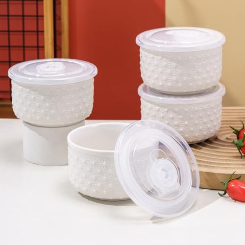Mosuji 10 oz Set of 4 Oven-Safe Porcelain Ramekins with Lids, Large White Souffle and Creme Brulee Baking Dishes, Ramekin Bowls for Sauce and Dessert - Image 3
