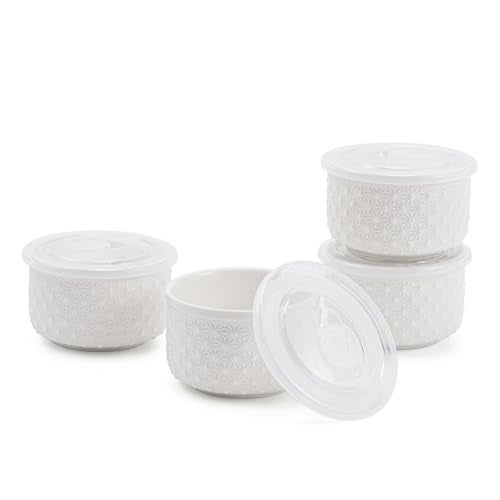 Mosuji 10 oz Set of 4 Oven-Safe Porcelain Ramekins with Lids, Large White Souffle and Creme Brulee Baking Dishes, Ramekin Bowls for Sauce and Dessert - Image 1